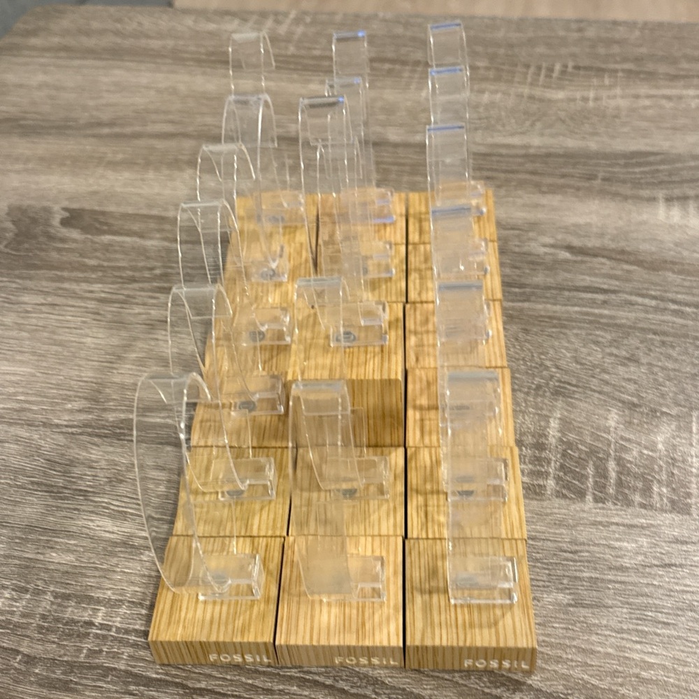19 Fossil Clear Acrylic Watch Display Stands with Bamboo Bases - Clear & Natural